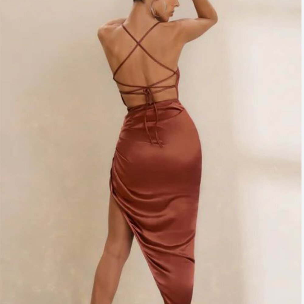 CLUB L COPPER ASYMMETRICAL BROWN BRONZE COPPER MIDI DRESS -  US 4 / SMALL - NEW